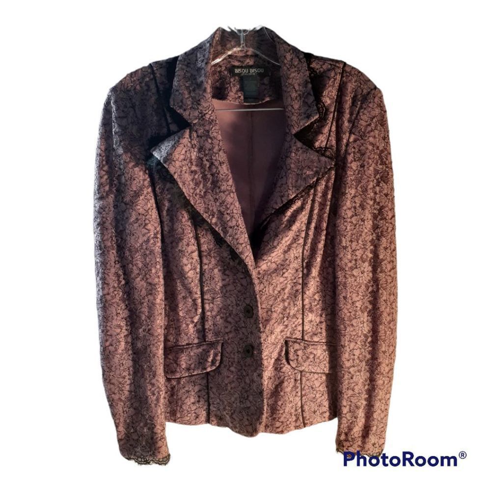 🎀 Bisou Bisou Michele Bohbot Purple Lace Black Trim Button Up Blazer, Sz 4